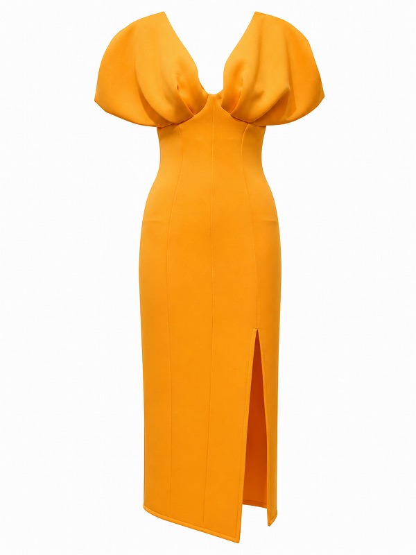 【新品DRESS 1054】バルーンショルダースリーブスリットタイトミディアムドレス オレンジ【asos】